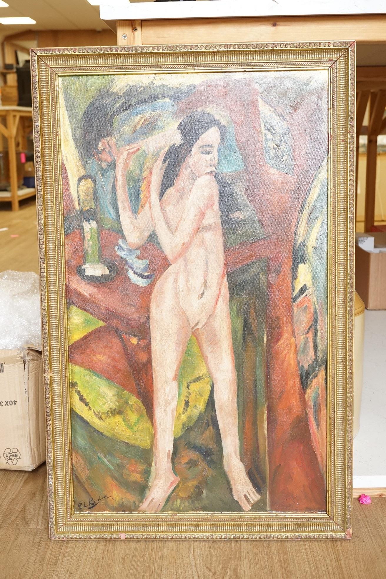 Decorative oil on board, Full length study of a nude woman, 77 x 45cm